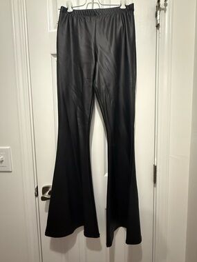 Classic Black Faux Leather Flare Pants Pull On Elastic Waist Pants